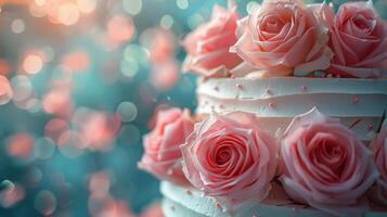 Three Tiered Wedding Cake With Pink and White Flowers photo