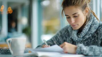 Woman Reading a Book in a Cozy Cafe on a Relaxing Afternoon photo