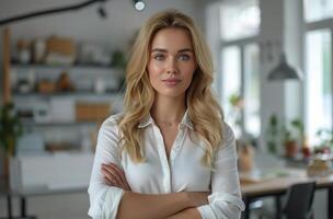 Woman in White Shirt Standing in Office photo