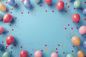 Colorful Balloons and Confetti on a Blue Background photo