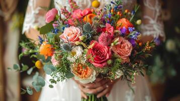 A Bride Holding a Bouquet of Flowers photo