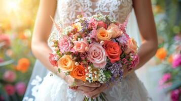 Bride Holding Bouquet of Flowers photo