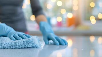 Person Cleaning Kitchen Counter With Blue Gloves and Cloth in Brightly Lit Space photo