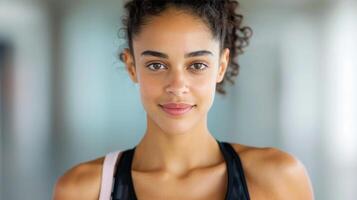 Young Woman With Clear Skin Posing Confidently Against Neutral Background photo