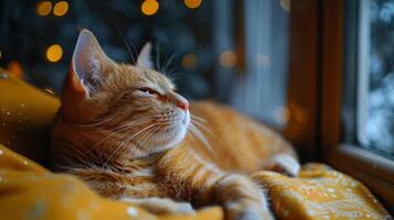Orange Cat Laying on Top of Blanket photo