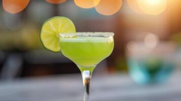 Refreshing Lime Mojito Served Outdoors In Sunlight photo