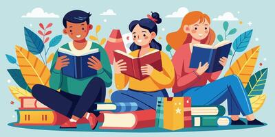 A group of people are seated on the ground, enjoying reading books together vector