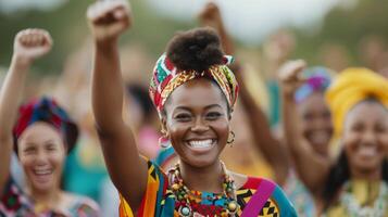 Joyful Woman Celebrating Against Vibrant Abstract Background photo
