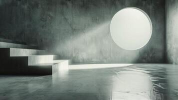 Modern Minimalist Room With Circular Window and Light Rays at Sunset photo