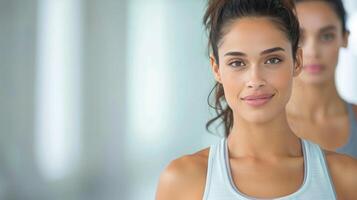 Young Woman With Clear Skin Posing Confidently Against Neutral Background photo