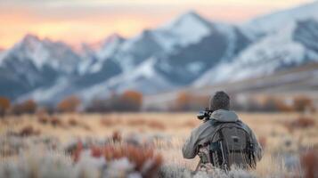 Hunter Observing Wildlife at Dusk in Mountainous Landscape photo