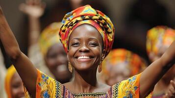 Joyful Woman Celebrating Against Vibrant Abstract Background photo