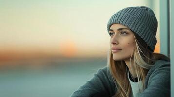 Woman in Gray Beanie Gazes Thoughtfully at Sunset by the Shore photo