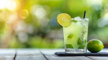 Refreshing Lime Mojito Served Outdoors In Sunlight photo