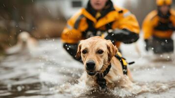 Emergency Rescuers Navigating Flooded Streets During Rainy Weather photo