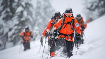 Climbers Trekking Through Snowy Mountains in Winter Conditions photo
