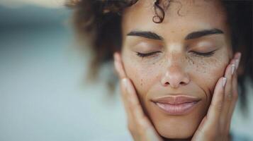 Relaxed Woman Enjoying Peaceful Moment With Eyes Closed photo