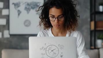 Woman Working on Laptop in Modern Workspace With World Map on Wall photo