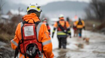 Emergency Rescuers Navigating Flooded Streets During Rainy Weather photo