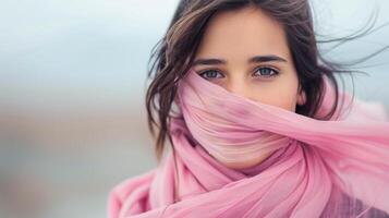 Young Woman Smiling in Pink Scarf Against Snowy Winter Landscape photo