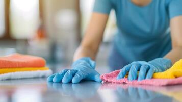 Person Cleaning Kitchen Counter With Blue Gloves and Cloth in Brightly Lit Space photo