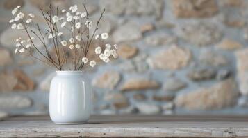 White Flowers in a White Vase Against a Rustic Stone Wall photo