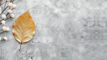 Golden Leaf and White Berries on Gray Surface in Natural Light photo