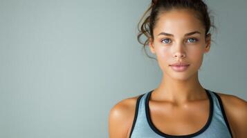 Young Woman With Clear Skin Posing Confidently Against Neutral Background photo