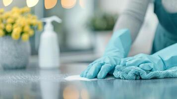 Person Cleaning Kitchen Counter With Blue Gloves and Cloth in Brightly Lit Space photo
