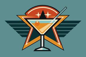 A martini glass with a straw is in the center, surrounded by a star vector