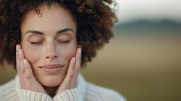 Relaxed Woman Enjoying Peaceful Moment With Eyes Closed photo