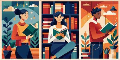 Three individuals are engrossed in reading books within a library vector
