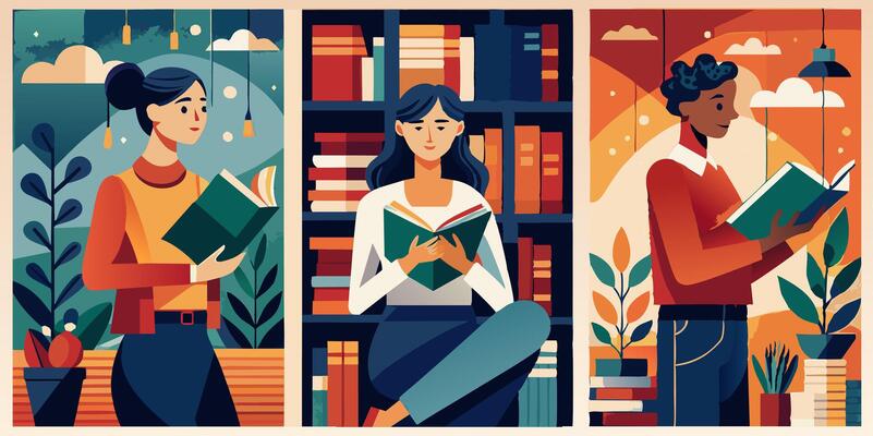 Three individuals are engrossed in reading books within a library