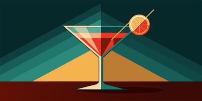 A martini glass topped with a cherry on a stick displayed on a table vector