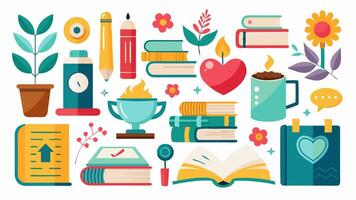 Numerous book types and objects are featured in the illustration vector