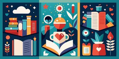 Set of three posters with books, flowers, plants, and a heart vector