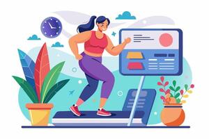 A woman is exercising on a treadmill while facing a screen vector