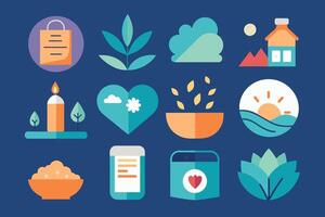 A series of health and wellness symbols displayed against a blue backdrop vector