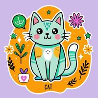 A cat is sitting in a circle surrounded by flowers and leaves vector