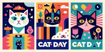 Three posters for cat day with keywords on cat breeds and photography vector