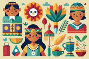 A collection of Native American icons presented in a flat design style vector
