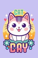 In a frame, there is a cartoon of a cat sitting on a flower vector