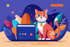 A cartoon cat is sitting in front of an orange laptop computer vector