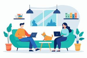 Modern home office with two people and a dog vector