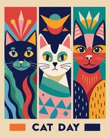 A cat day poster featuring three colorful cats, showcasing art and whiskers vector