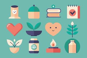 Health and wellness icons in a flat style on green background vector