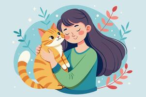 A woman cuddles a cat in a happy, artistic illustration vector