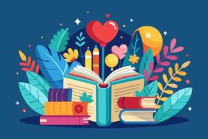 An open book with books, leaves, balloons, and a heart around it vector