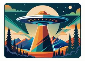 A illustration featuring a UFO hovering above a mountain landscape vector
