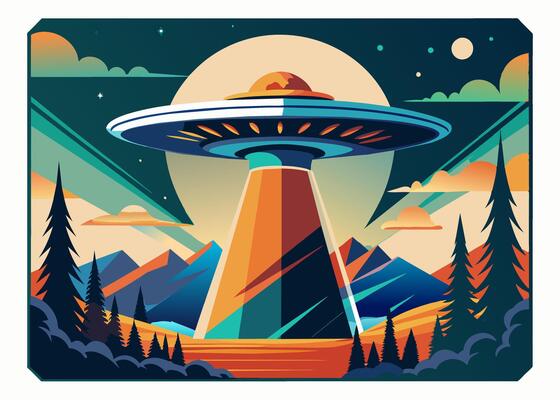 A illustration featuring a UFO hovering above a mountain landscape